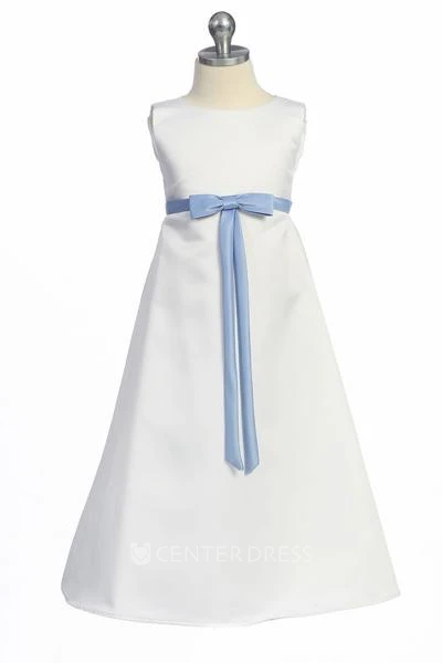Ankle-Length Bowed Sleeveless Satin Flower Girl Dress