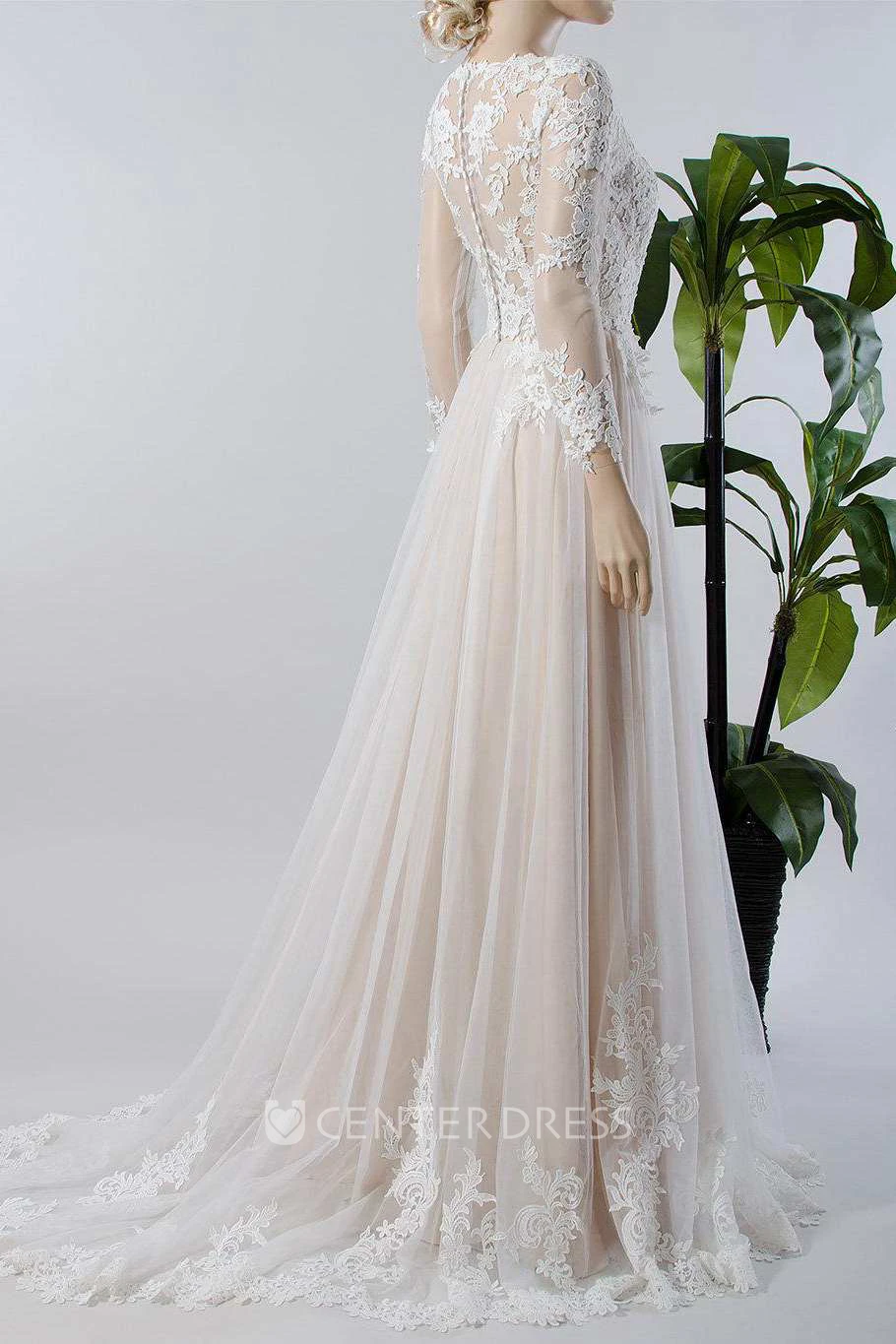 V-Neck Illusion Long Sleeve Lace Appliqued Tulle A-Line Pleated Winter Wedding Dress