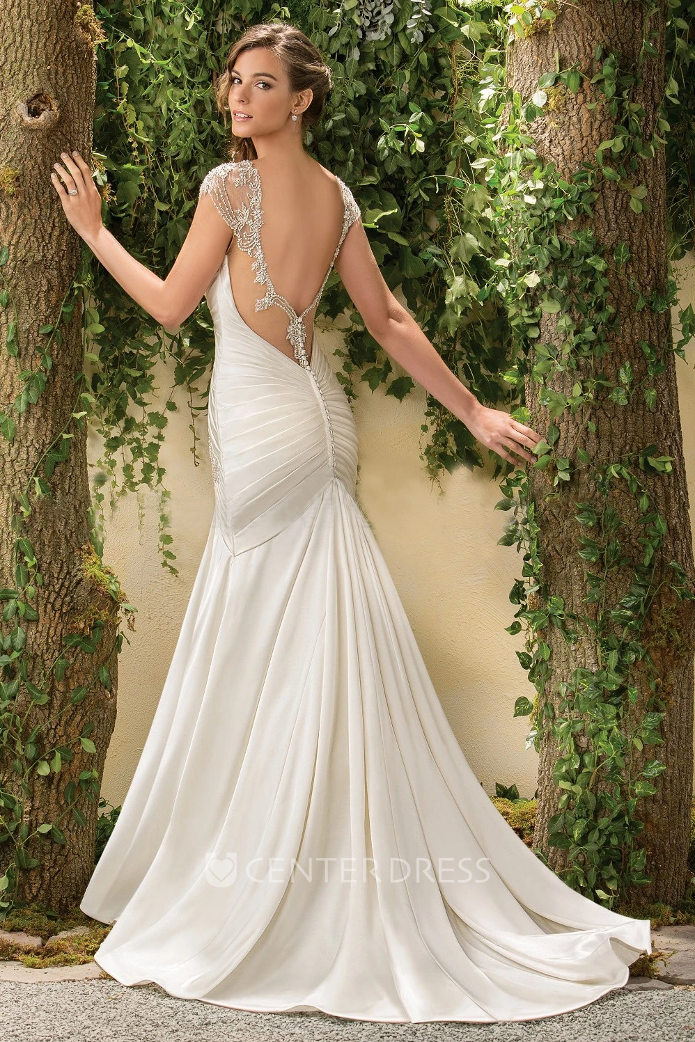 Cap-Sleeved Mermaid Wedding Dress With Beadings And Deep V-Back