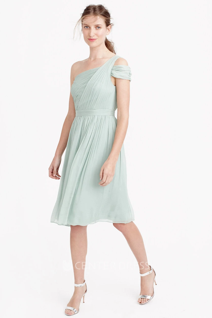Knee-Length Ruched One-Shoulder Sleeveless Chiffon Bridesmaid Dress With Straps
