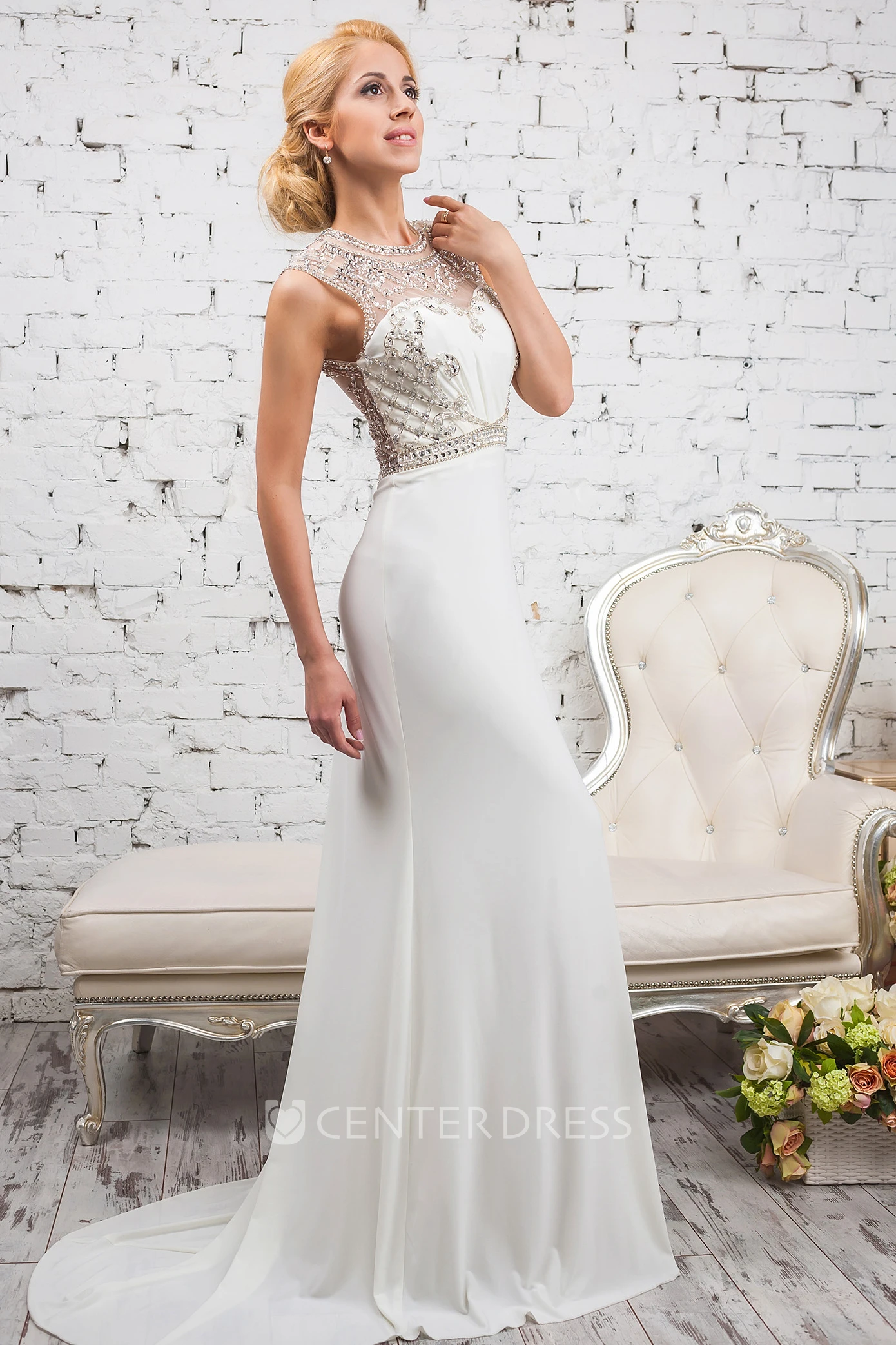 Maxi Sheath Scoop Neck Sleeveless Beaded Chiffon Evening Dress