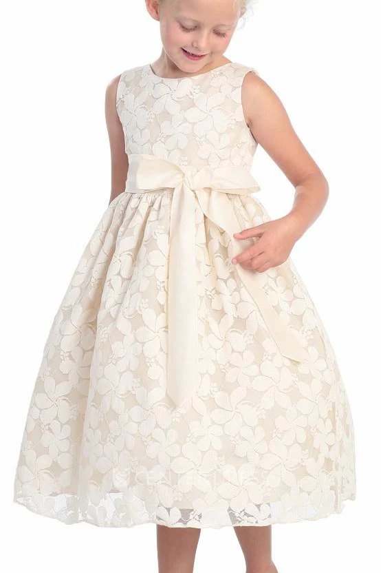 Floral Tea-Length Floral Lace Flower Girl Dress With Embroidery