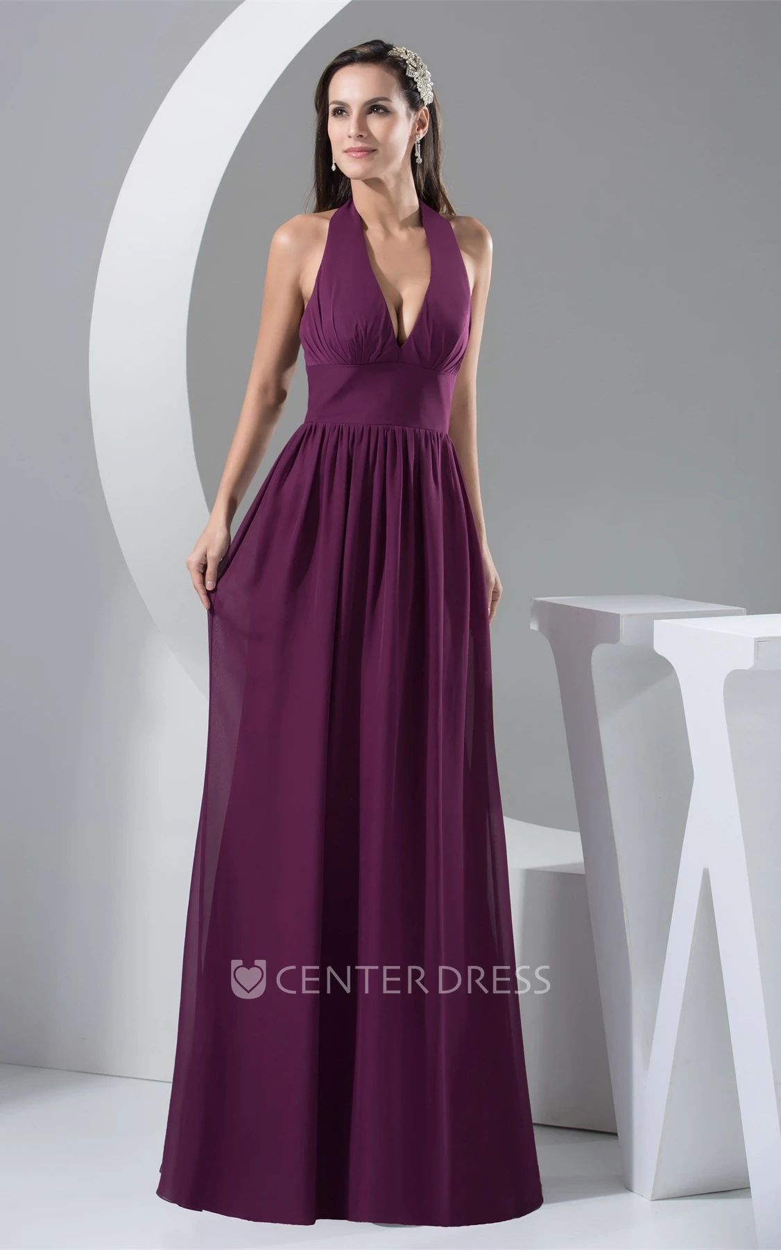 Halter Plunged Backless Chiffon A Line Maxi Formal Dress with Pleats