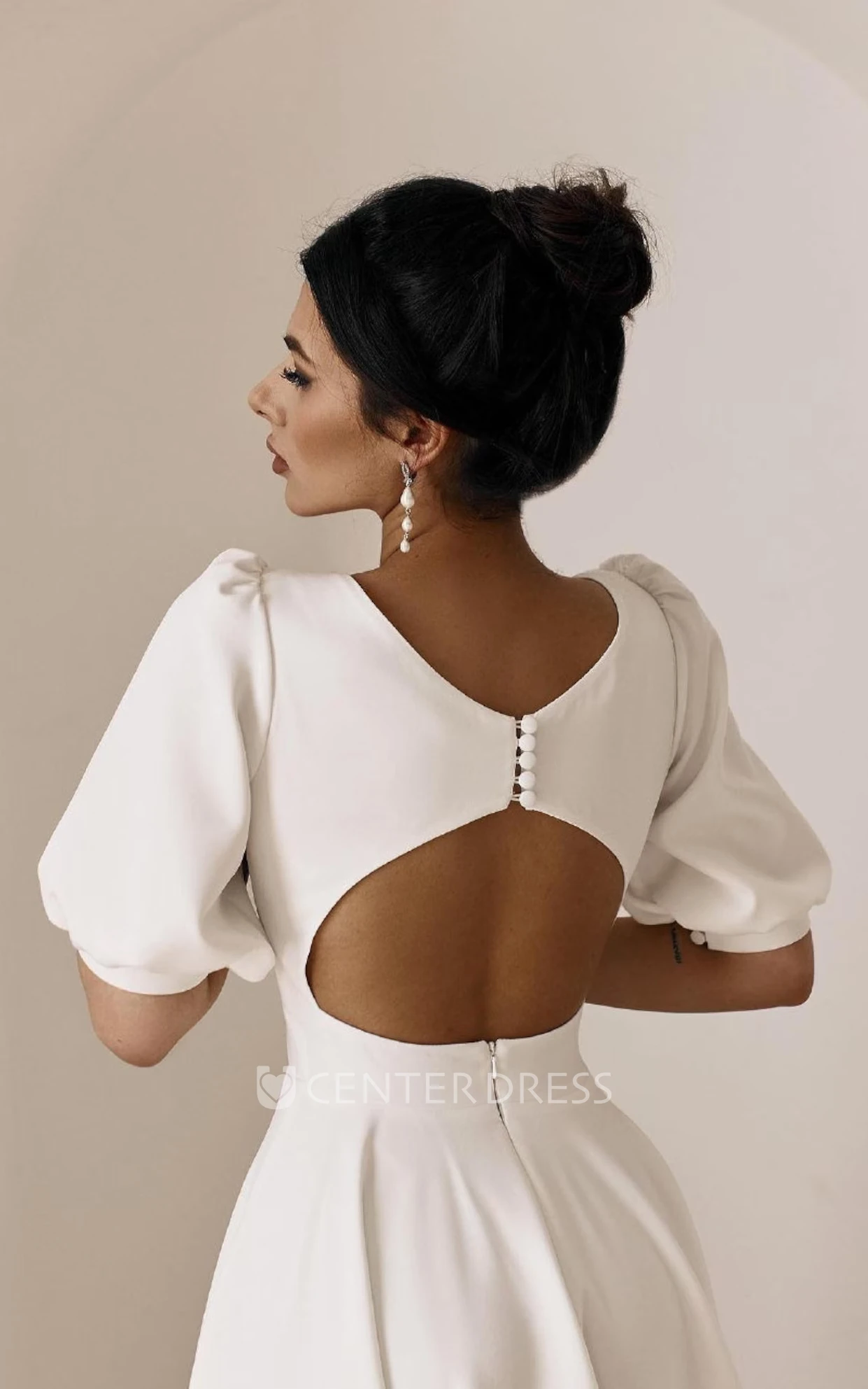 Simple Tea Length Civil Wedding Dress Modern A-Line Puff Sleeves Gown with Open Back