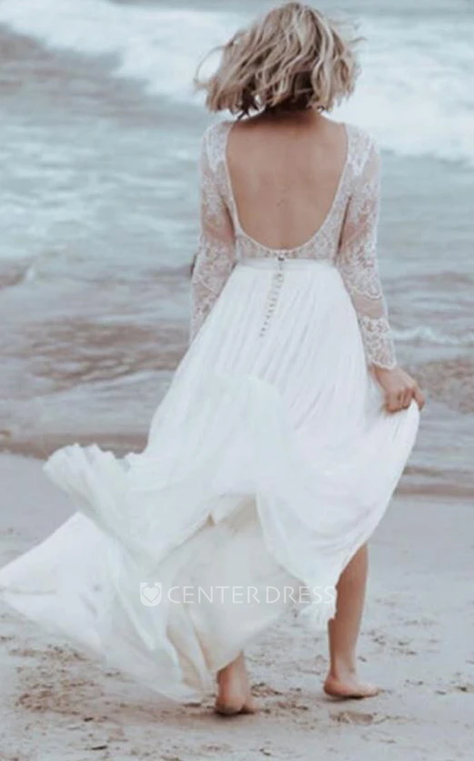 Bohemian Lace Bateau A Line Tulle Floor-length Winter Wedding Dress with Pleats and Split Front
