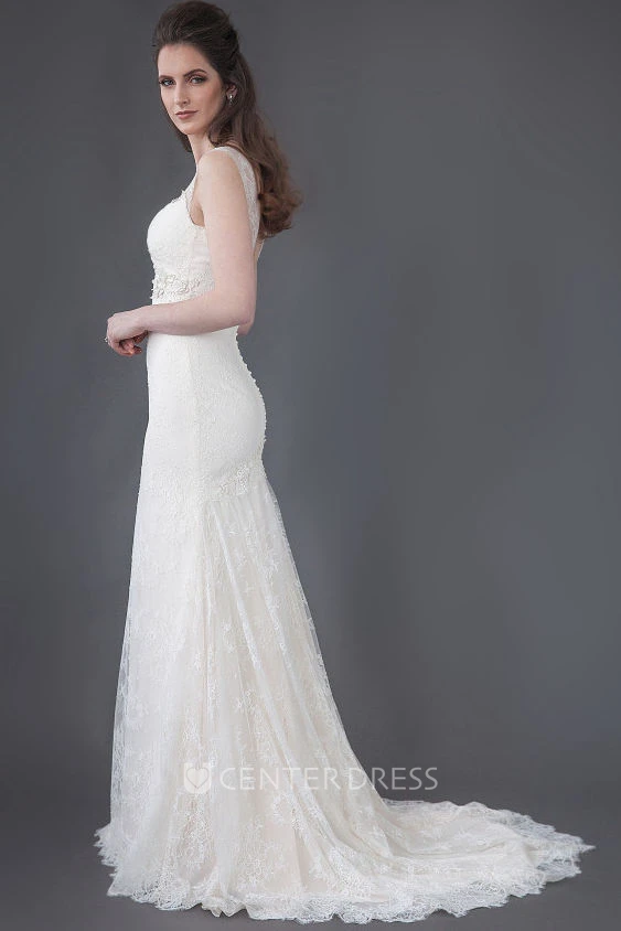 Sheath Appliqued Sleeveless Maxi Lace Wedding Dress With Low-V Back And Pleats