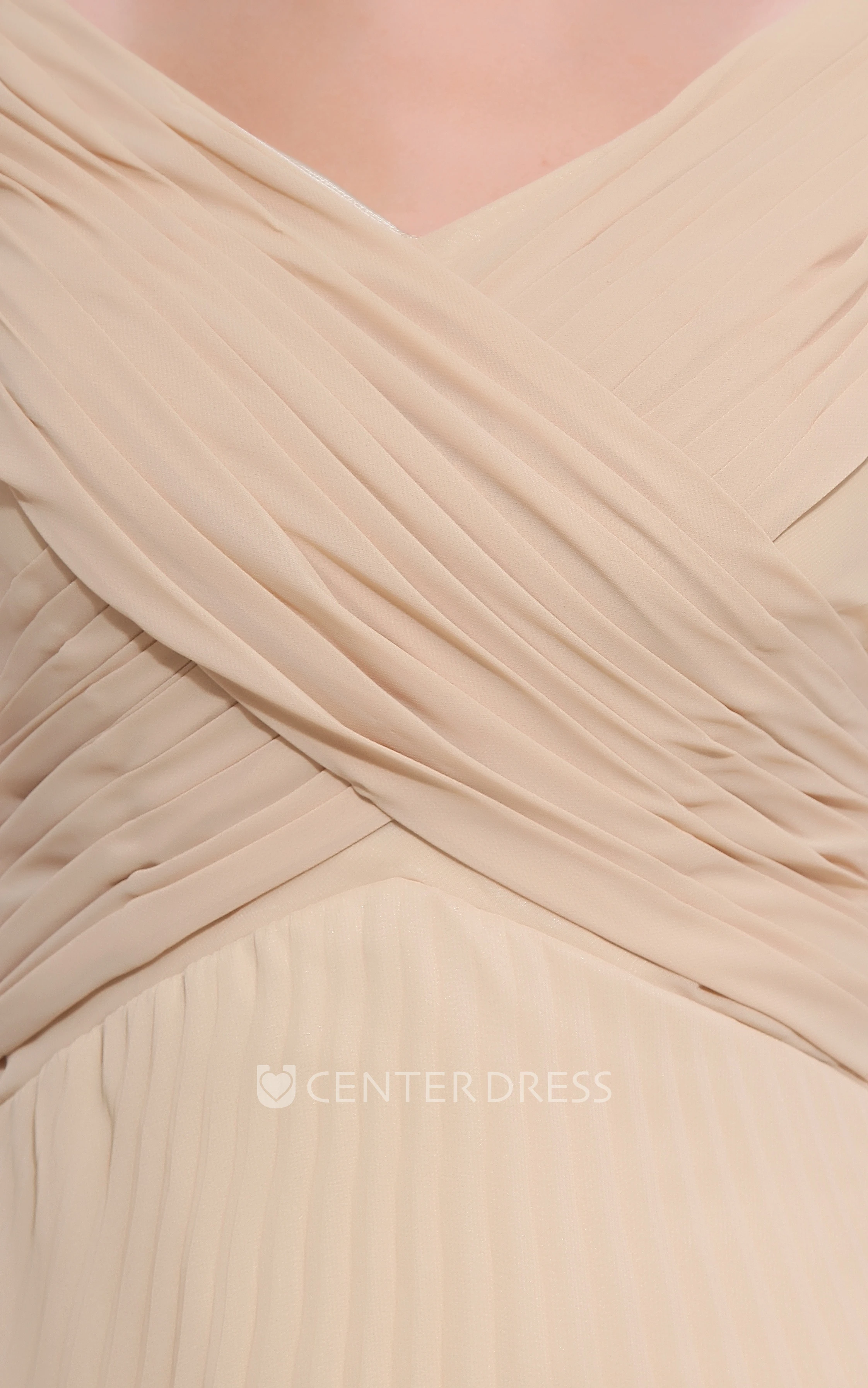 Chiffon Criss-Cross Ruched Floor-Length Dress With Pleats