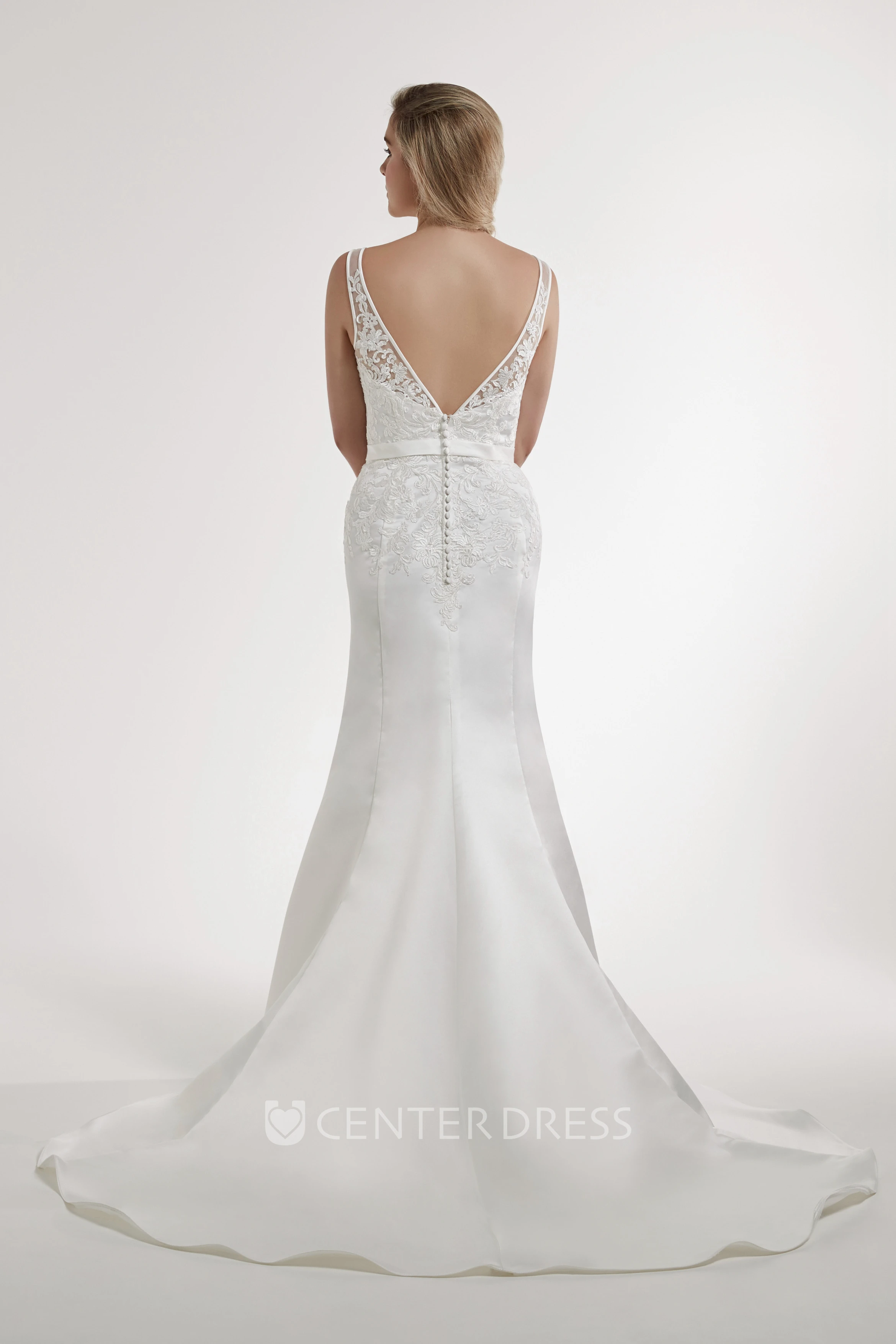 Sheath Floor-Length V-Neck Appliqued Sleeveless Satin Wedding Dress With Low-V Back And Court Train