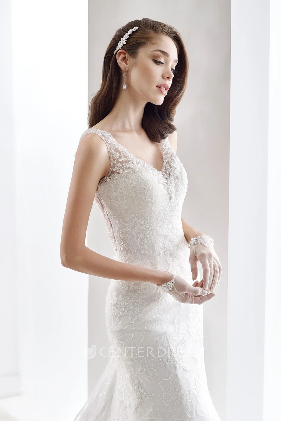 V-neck Cap sleeve Sheath Wedding Gown with Keyhole Back and Illusive Lace Straps