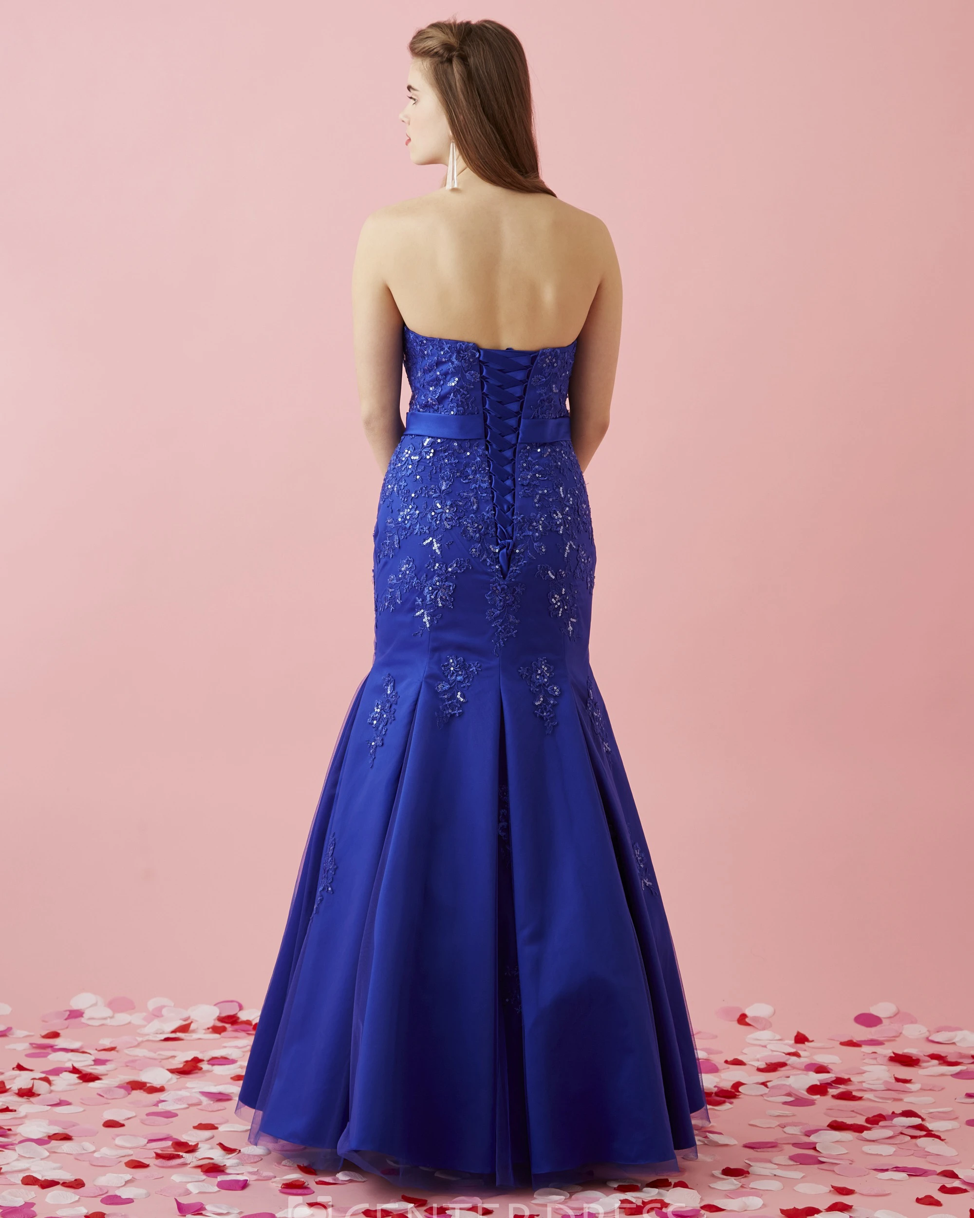 Mermaid Long Sweetheart Satin Lace-Up Dress With Appliques And Waist Jewellery