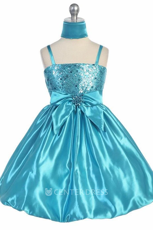 Knee-Length Spaghetti Cap-Sleeve Bowed Sequins&Satin Flower Girl Dress With Cape