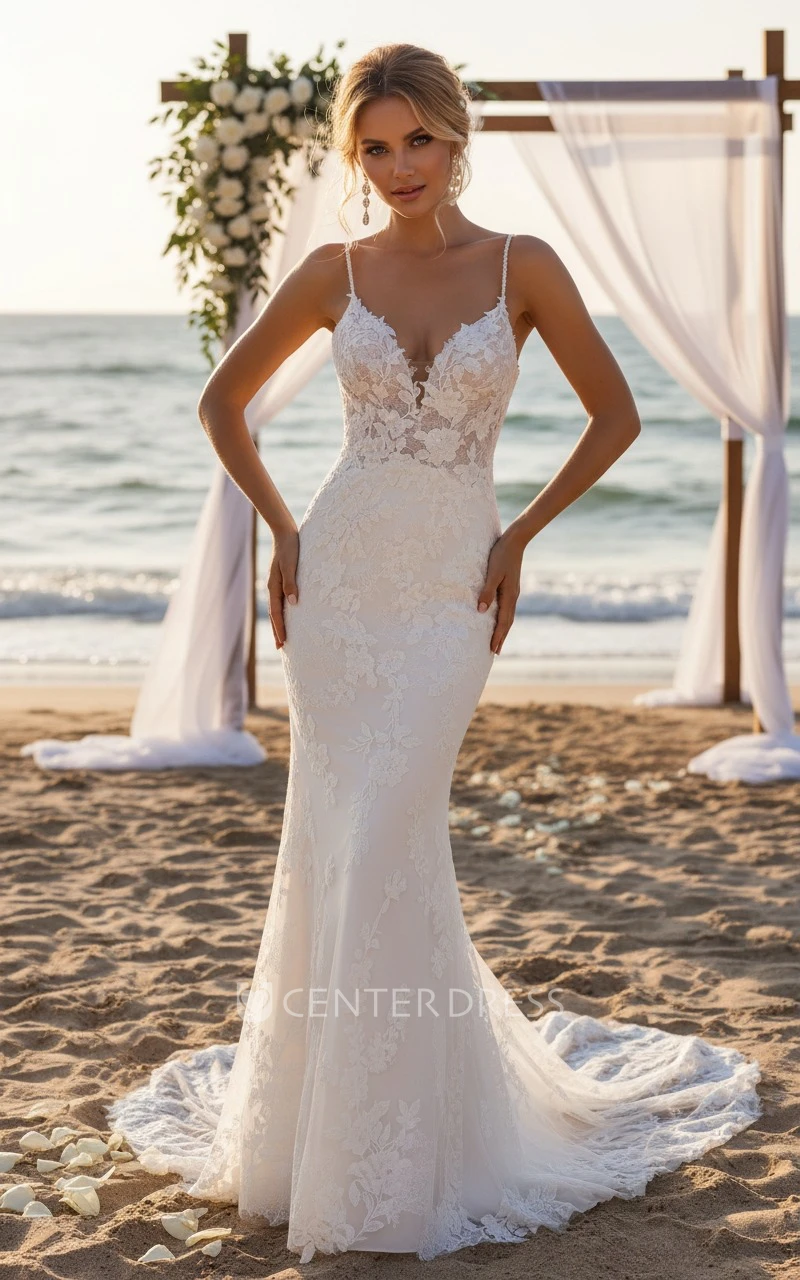 Bohemian Lace Sleeveless Wedding Dress Sexy Beach Mermaid Bridal Gown for Elopement