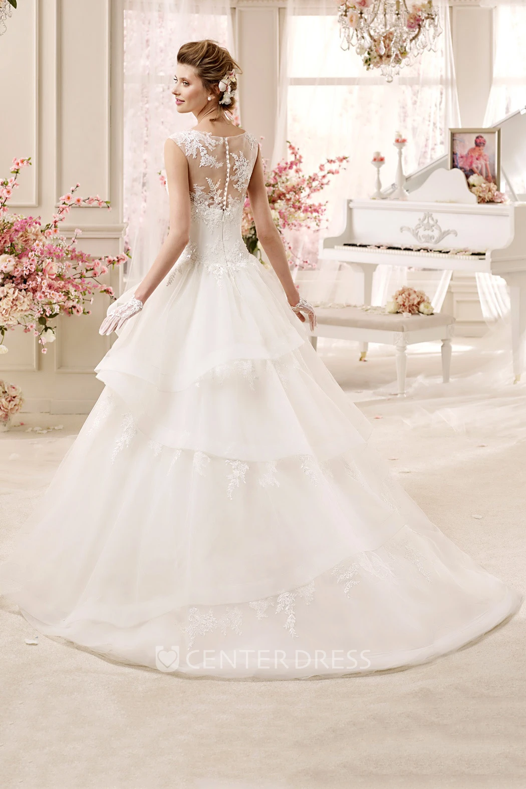 Cap sleeve A-line Wedding Dress with Tiers Skirt and Illusive Design