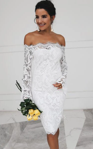 Lace Off-the-shoulder Pencil Long Sleeve Knee-length Zipper Wedding Dress