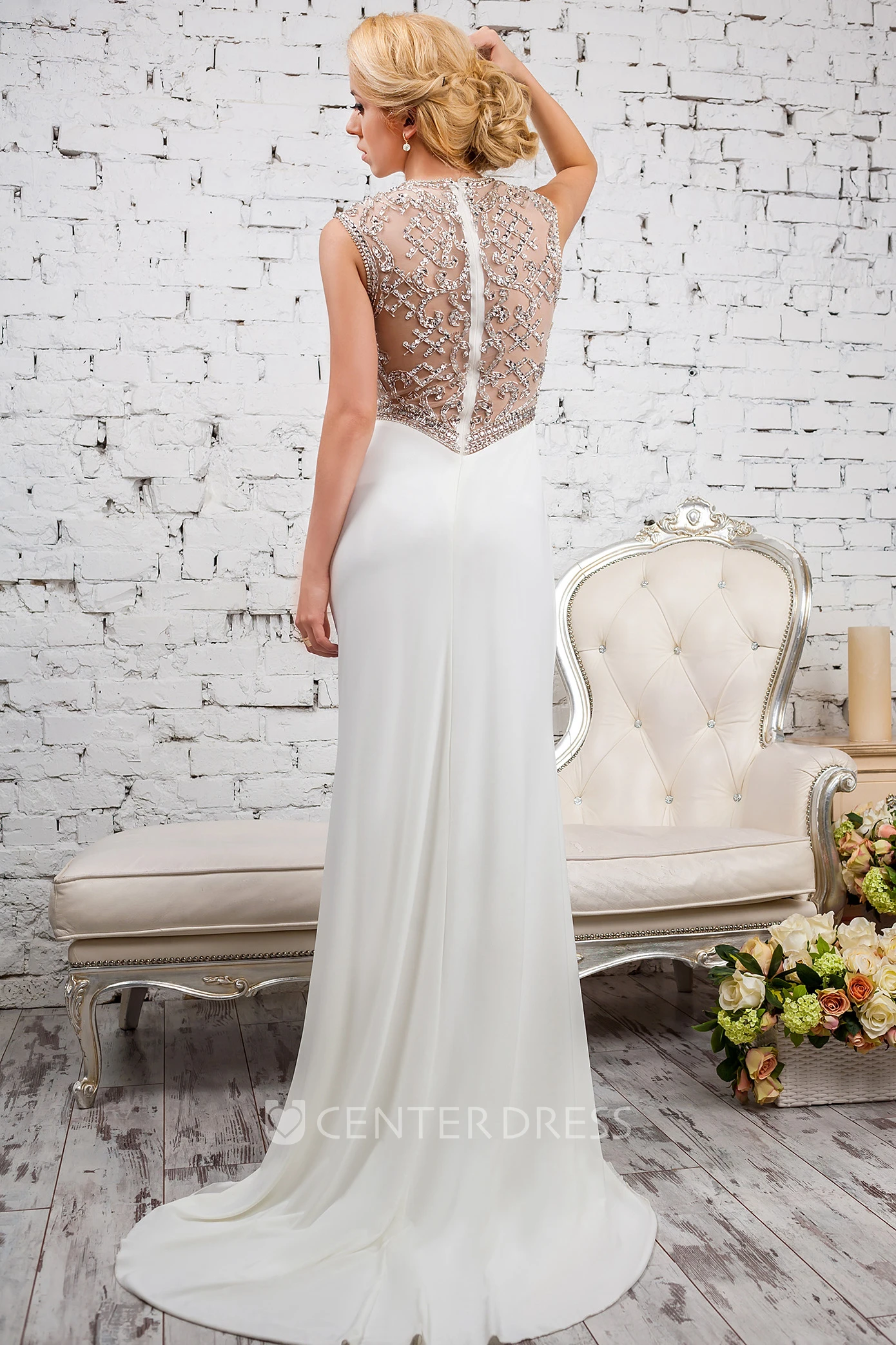 Maxi Sheath Scoop Neck Sleeveless Beaded Chiffon Evening Dress