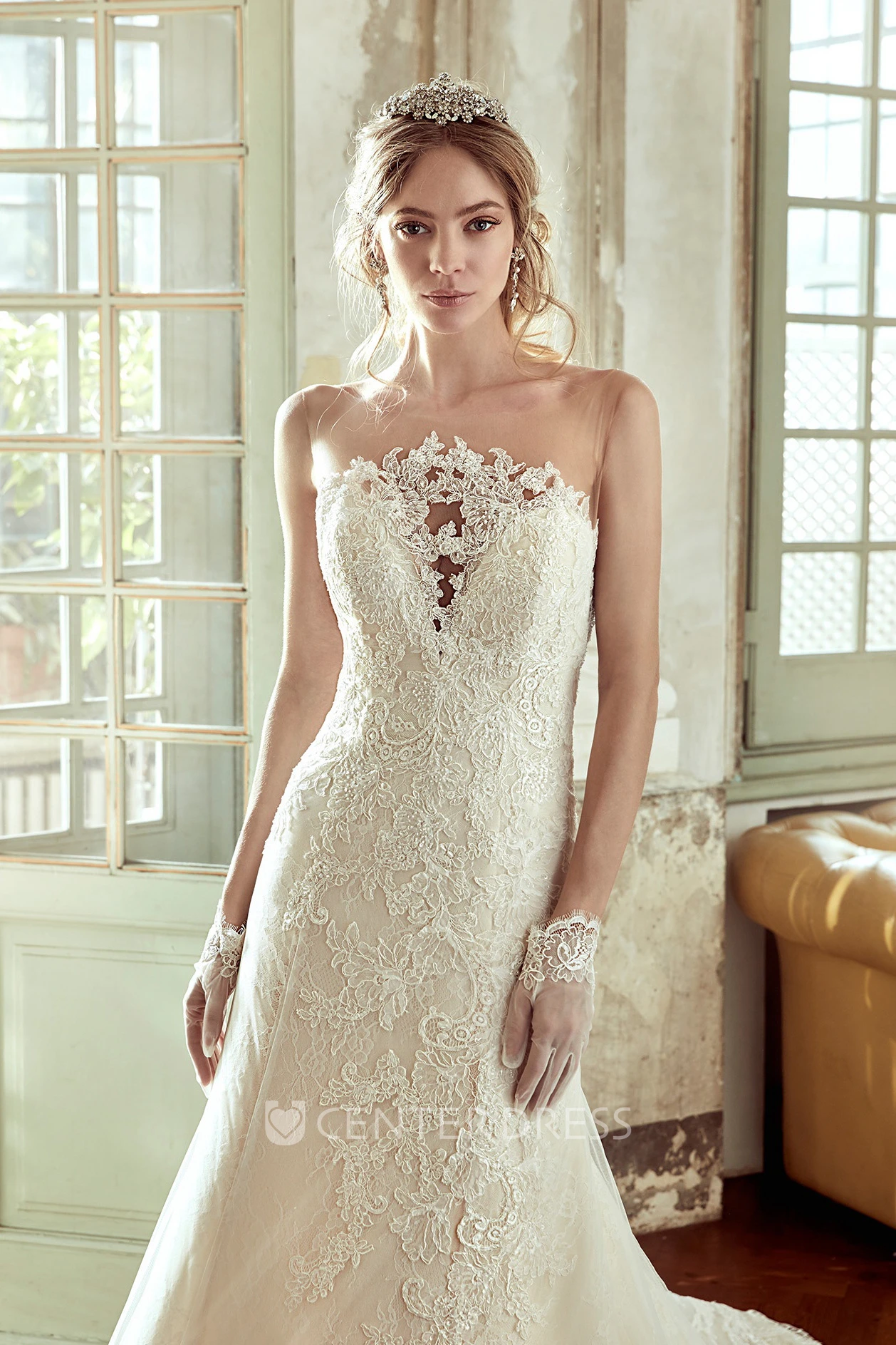 Strapless Lace Wedding Dress with Appliqued Bust and Brush Train 