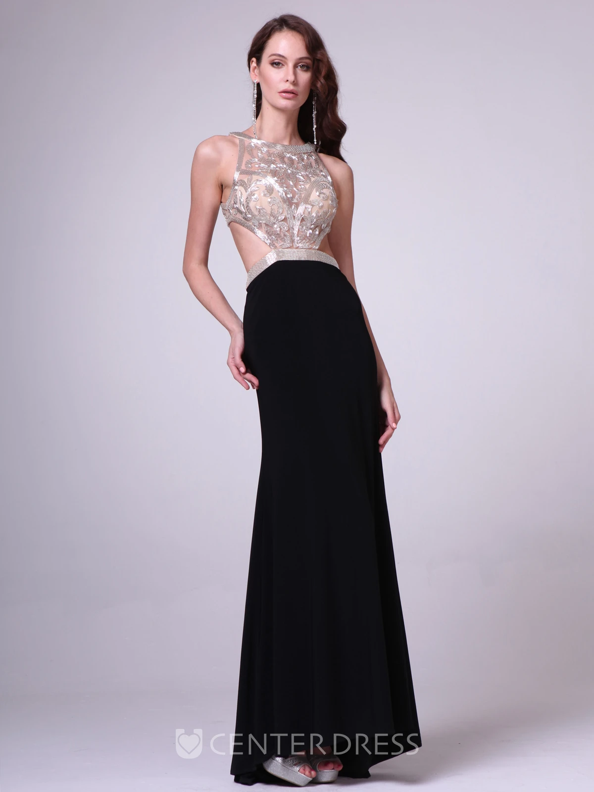 Sheath Scoop-Neck Sleeveless Jersey Dress With Sequins And Pleats