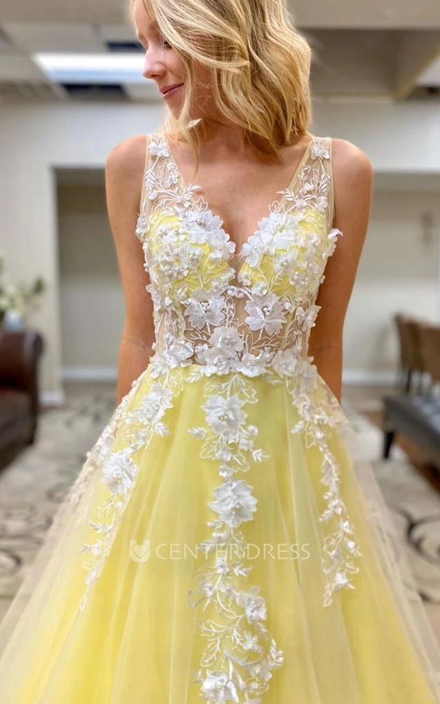 V-neck Tulle Sleeveless Floor-length A Line Formal Dress with Appliques