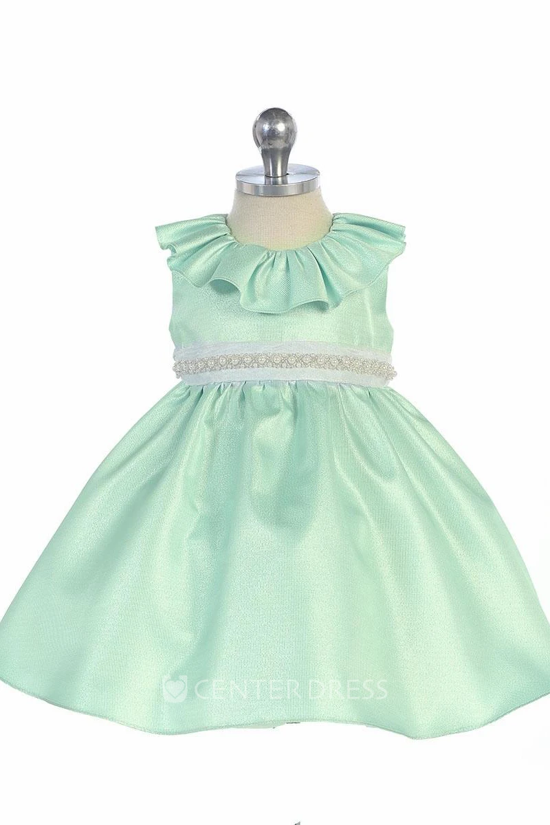 Tea-Length Ruffled Beaded Organza Flower Girl Dress