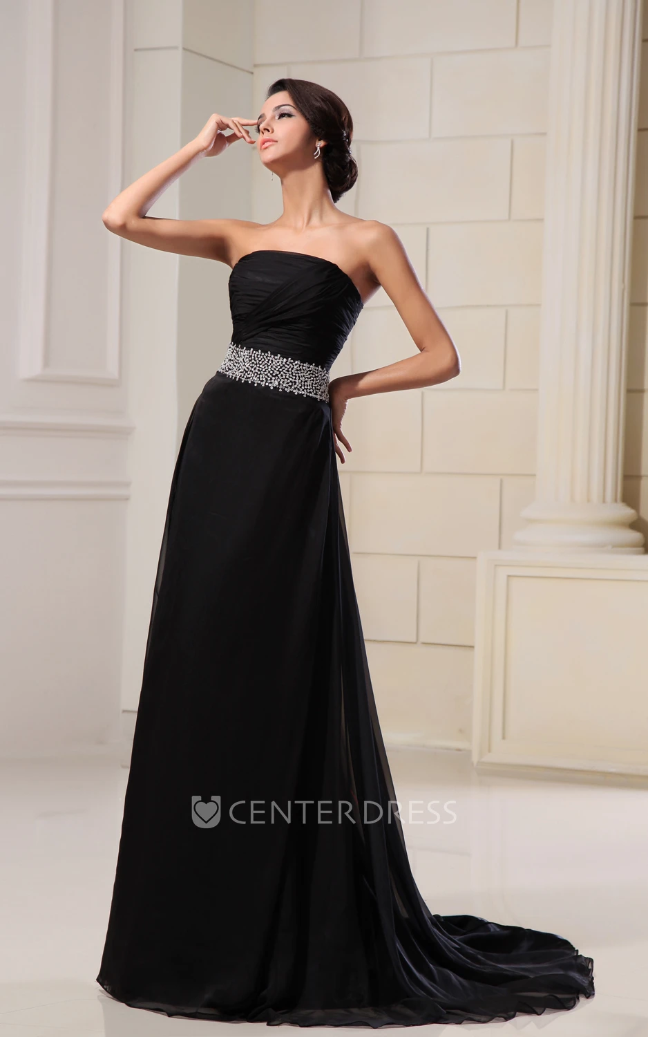 Strapless Sleeveless A Line Chiffon Formal Dress With Sequined Waist