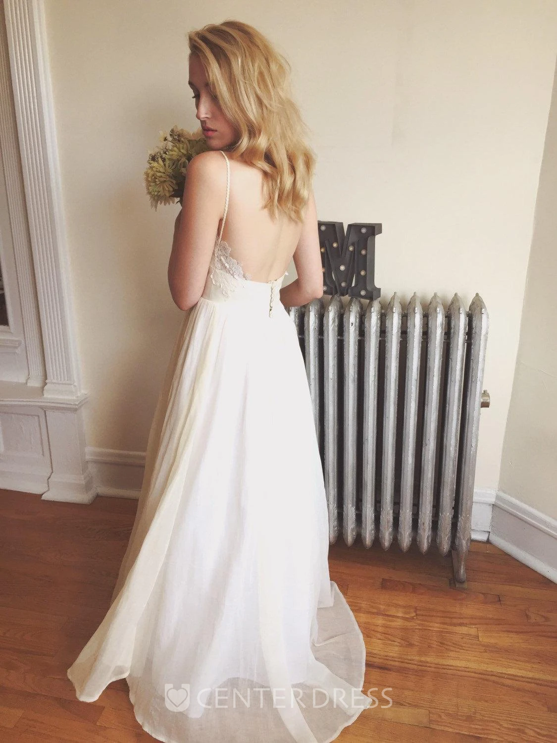 Bohemian Backless Spaghetti Strap Pleated A-Line Long Chiffon Dress Wedding Dress