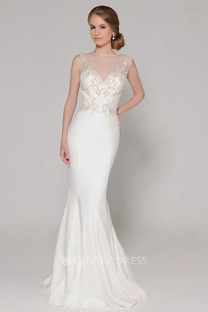 Floor-Length High Neck Beaded Chiffon Wedding Dress With Brush Train And Illusion