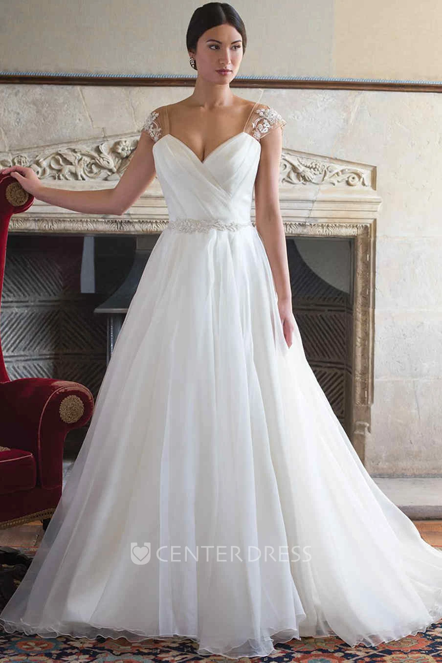 Ball Gown Floor-Length V-Neck Ruched Cap-Sleeve Wedding Dress With Appliques