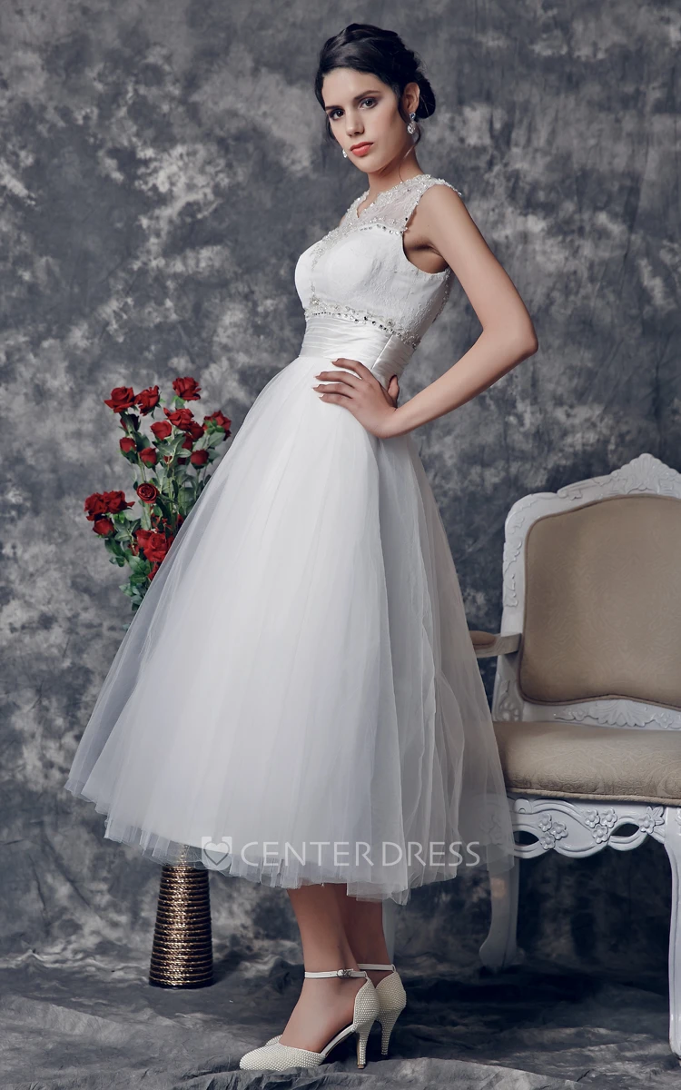 Vintage Tea-Length Wedding Dress with Illusion Back