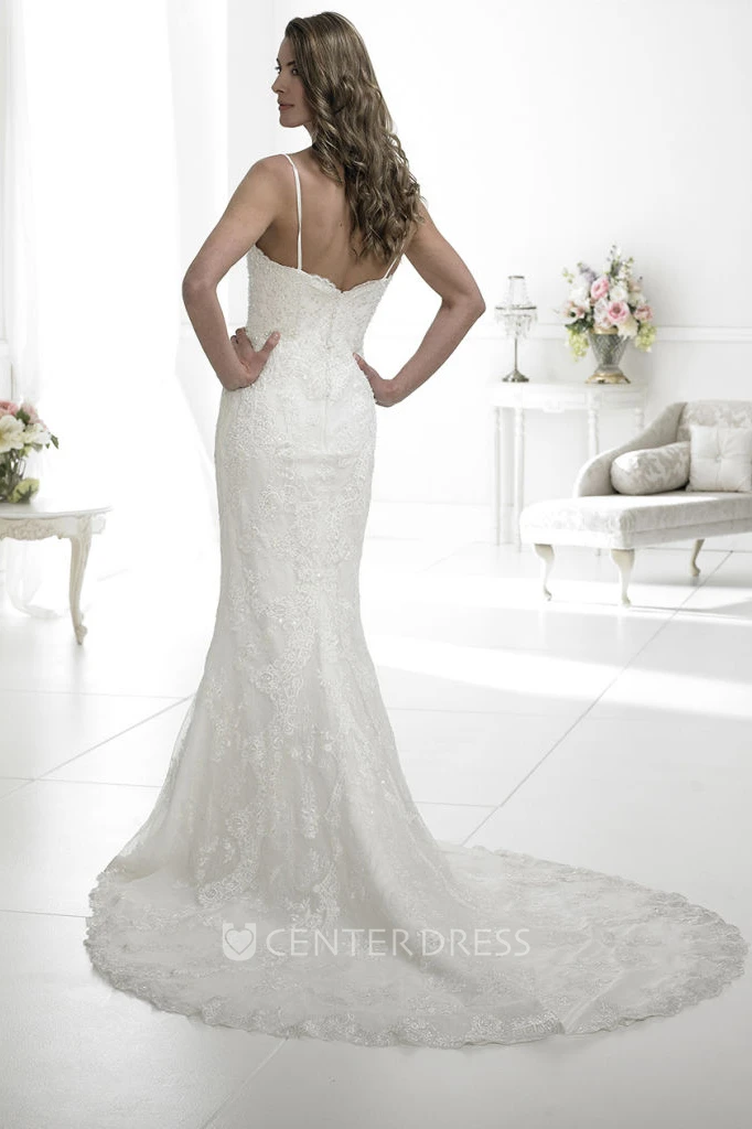 Sheath Appliqued Spaghetti Sleeveless Lace Wedding Dress