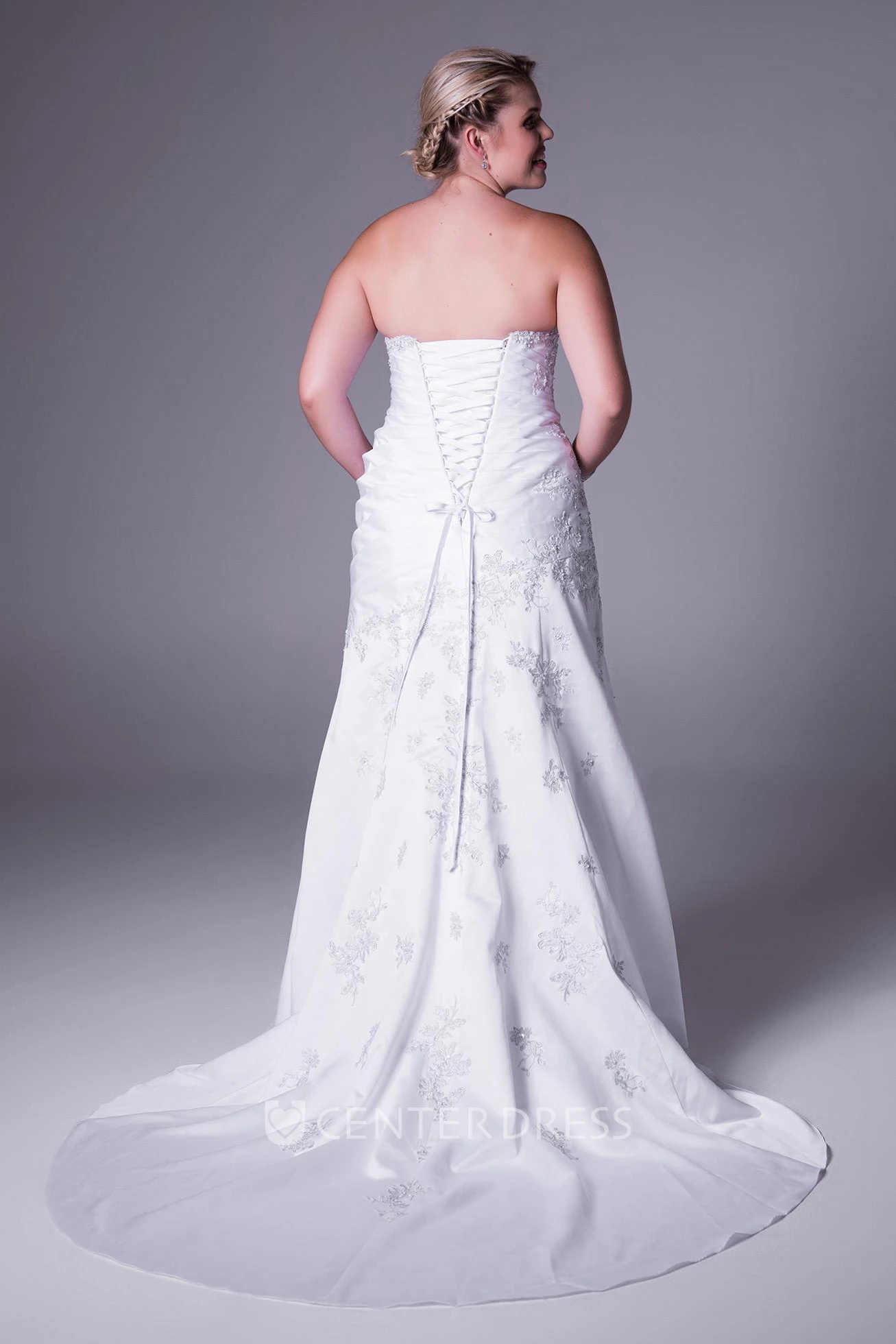 Floor-Length Ruched Sweetheart Satin Plus Size Wedding Dress With Appliques And Corset Back
