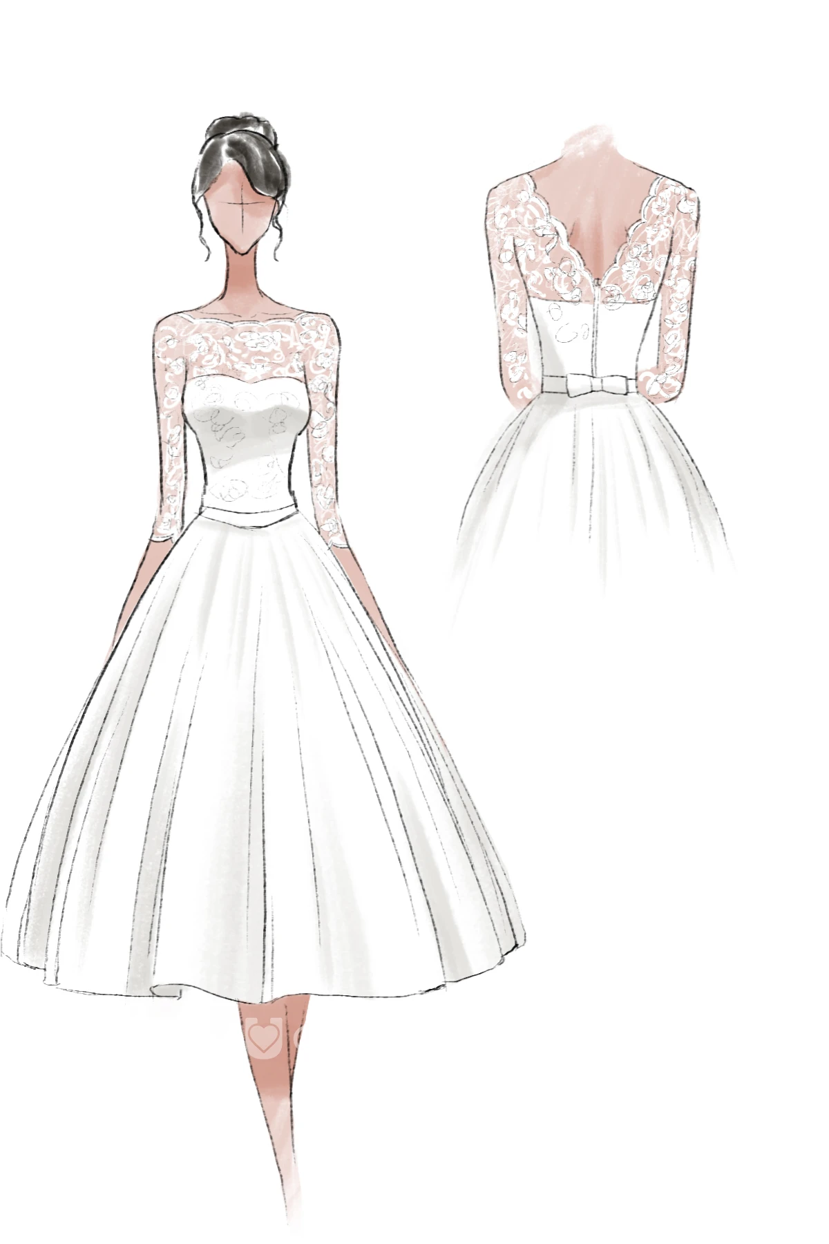 1950s Tea-Length A-line 3/4 Length Sleeve Tulle Lace Warm Wedding Dress