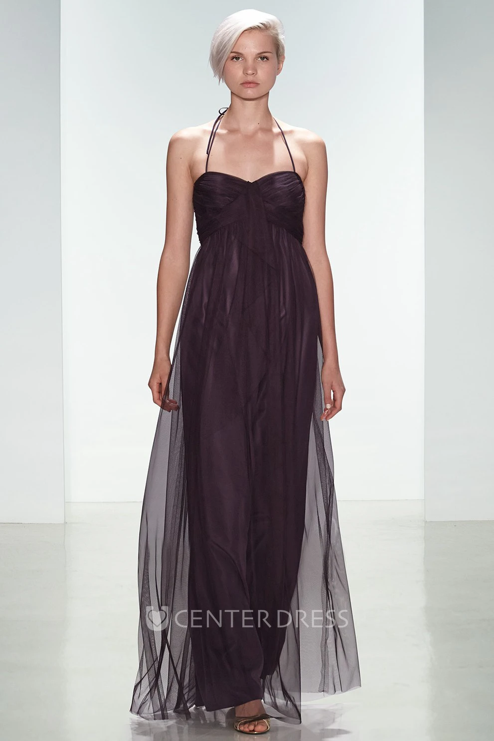 Empire Spaghetti Long Tulle Bridesmaid Dress With Ruching And V Back