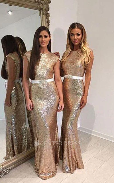 Mermaid Jewel Sleeveless Bell Cap Pleats Brush Train Backless Sequins Dress