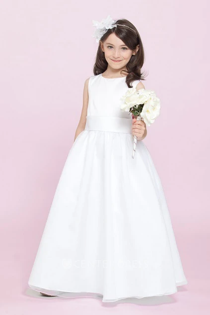 Flower Girl Scoop Neck A-line Tulle Long Dress With Sash