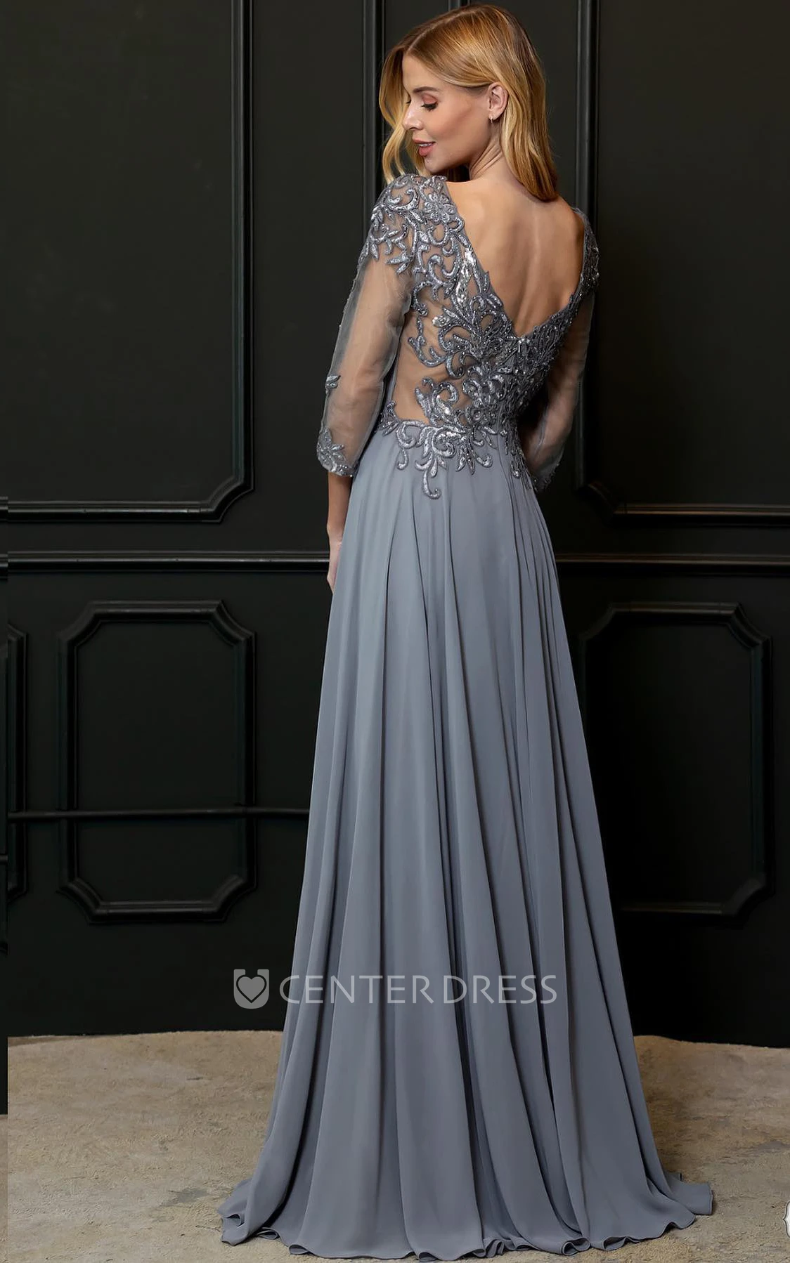 Casual A-Line Lace Bateau Neckline Evening Dress With Low-V Back And Illusion Sleeves