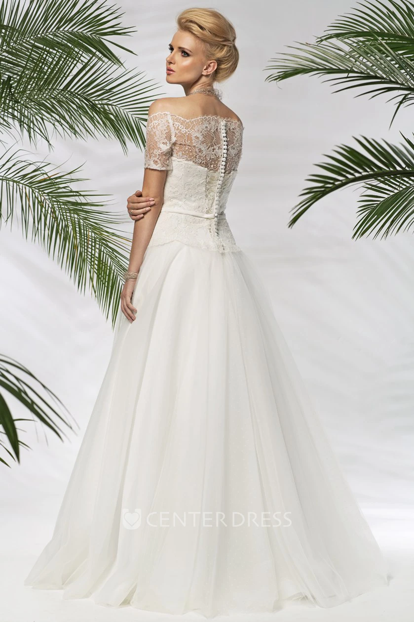 A-Line Off-The-Shoulder Short-Sleeve Floor-Length Tulle&Lace Wedding Dress