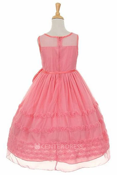 Tea-Length Embroideried Floral Tiered Flower Girl Dress With Sash