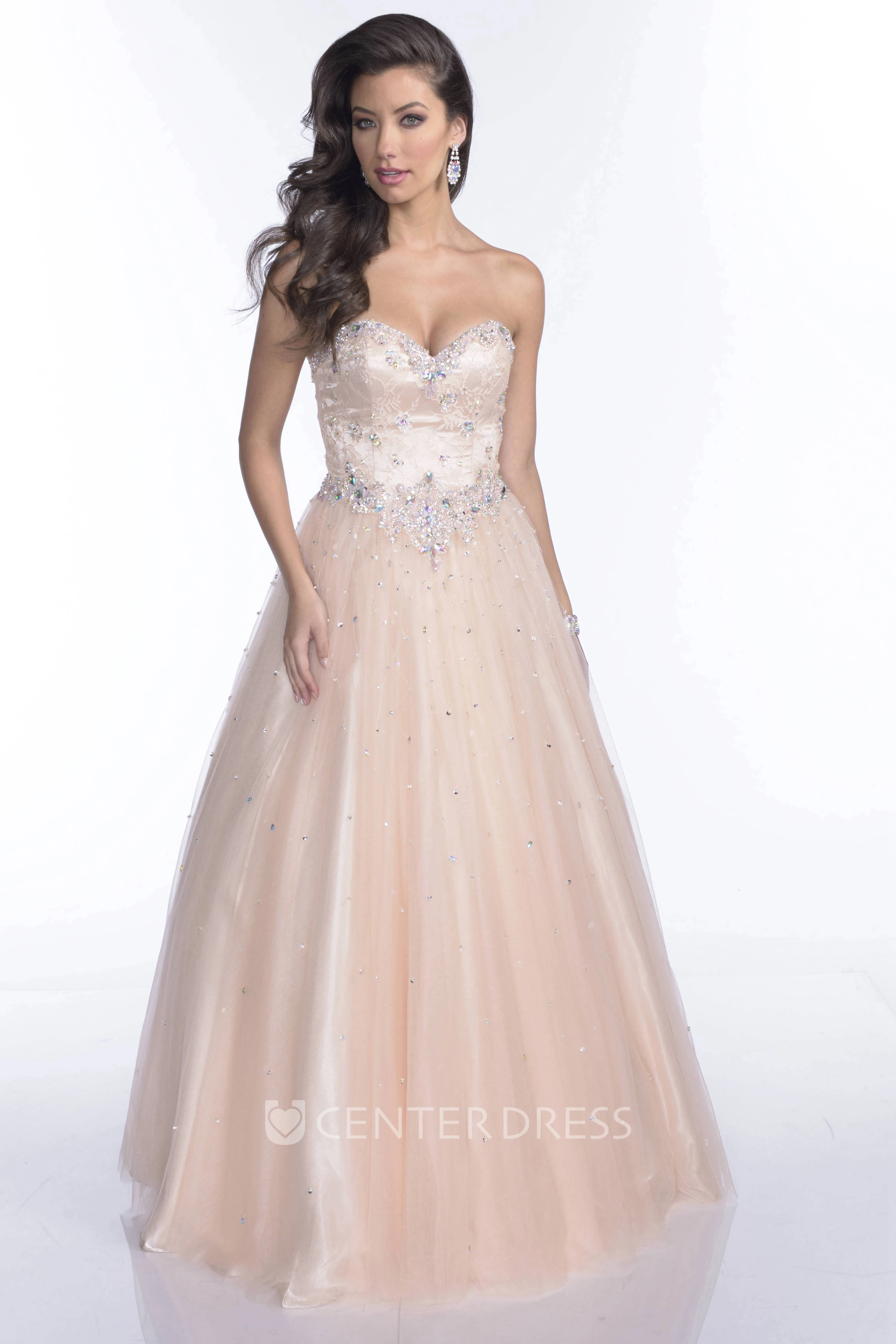 A-Line Tulle Sweetheart Sleeveless Prom Dress With Jeweled Appliques With Open Back