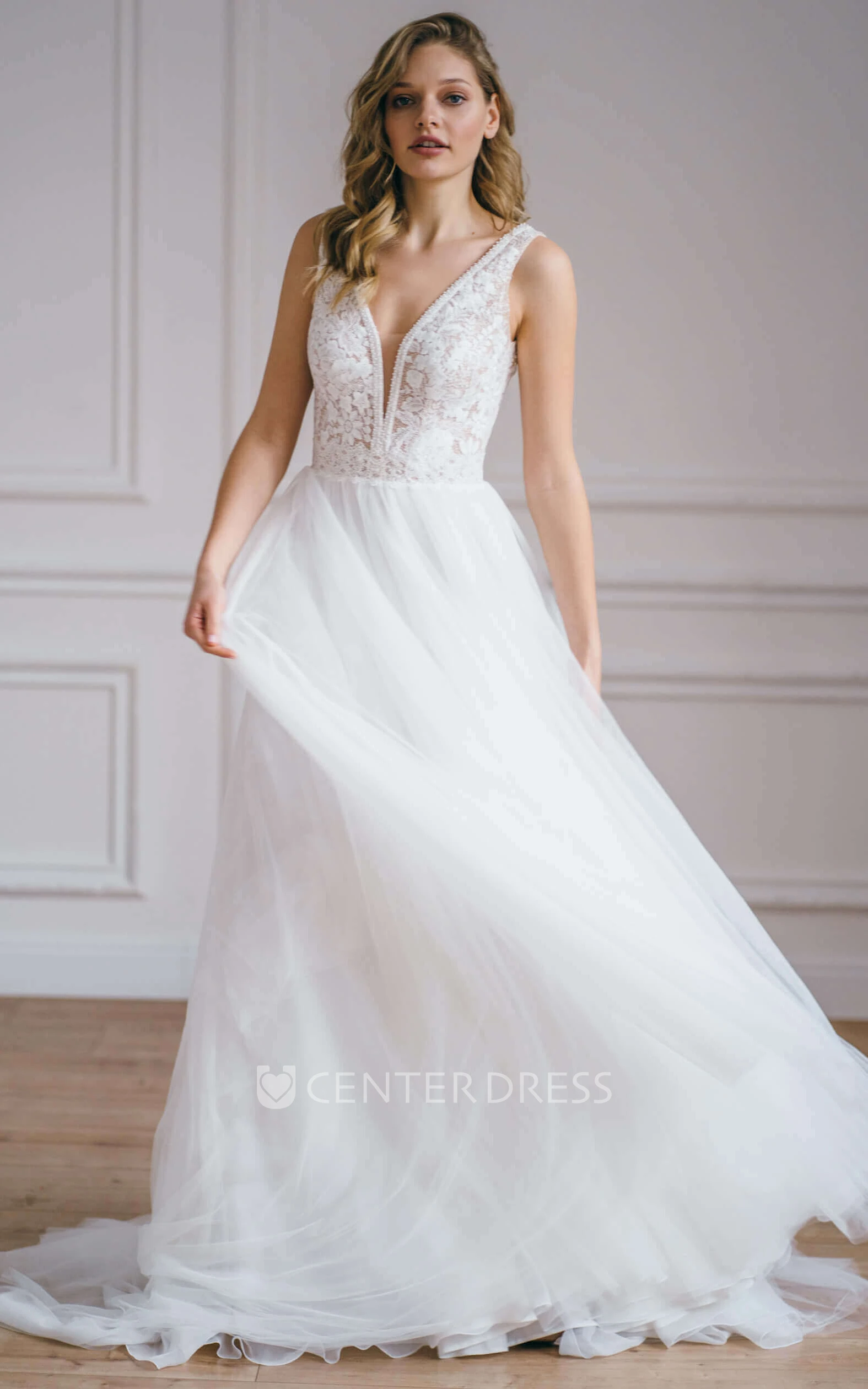 Casual Plunging Neckline A Line Tulle Wedding Dress with Split Front and  Beading