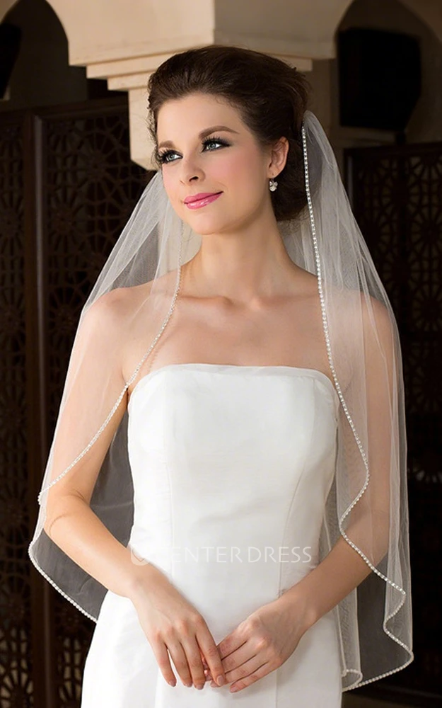 Simple Elegant Waterfall One-Tier Fingertip Length Tulle Beading Wedding Veil with Comb