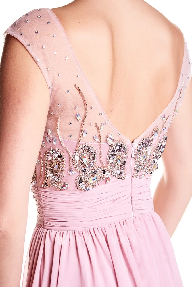 Sheath Beaded Cap-Sleeve Long Scoop-Neck Chiffon Prom Dress With Pleats