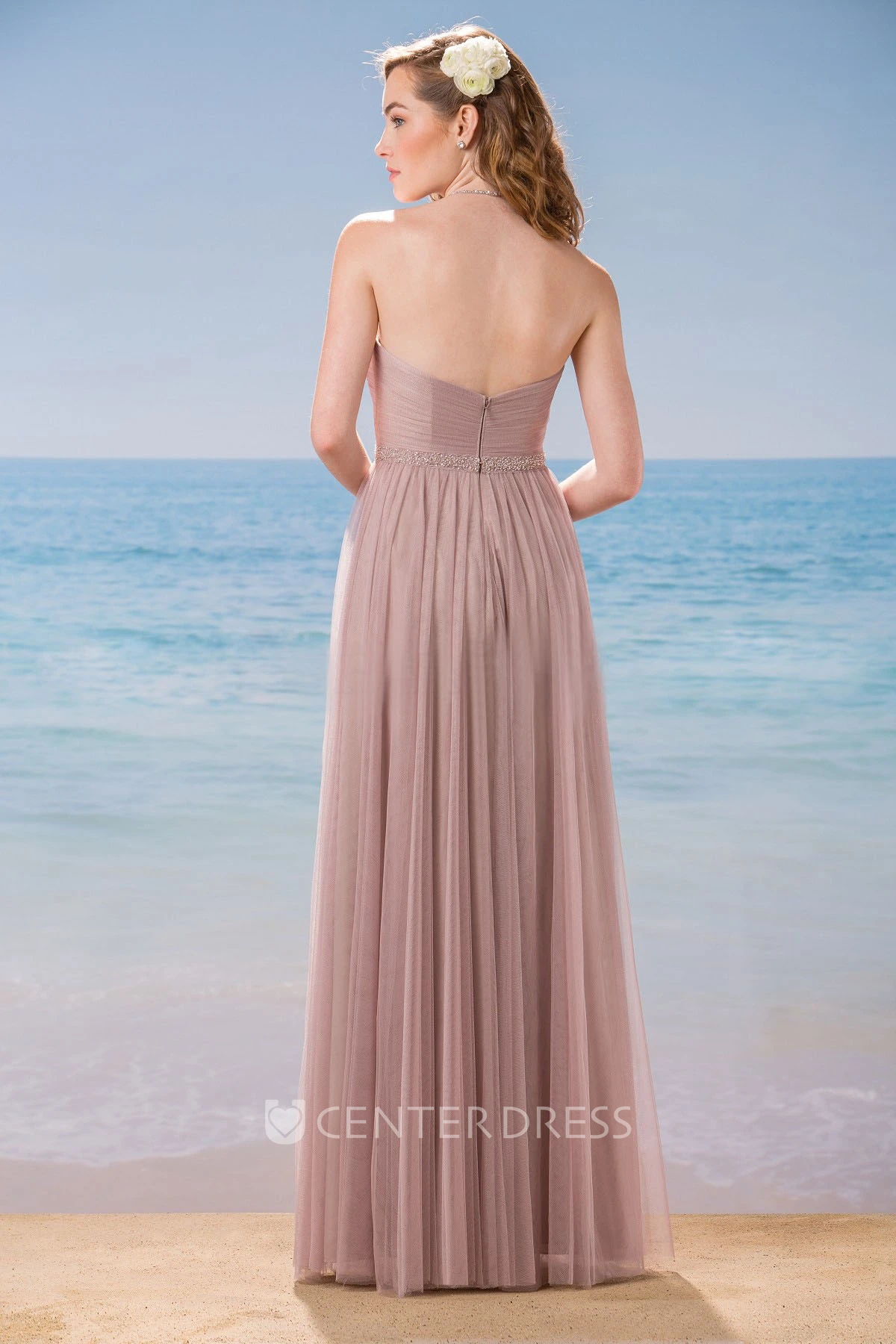 Halter A-Line Long Bridesmaid Dress With Ruching And Sequins