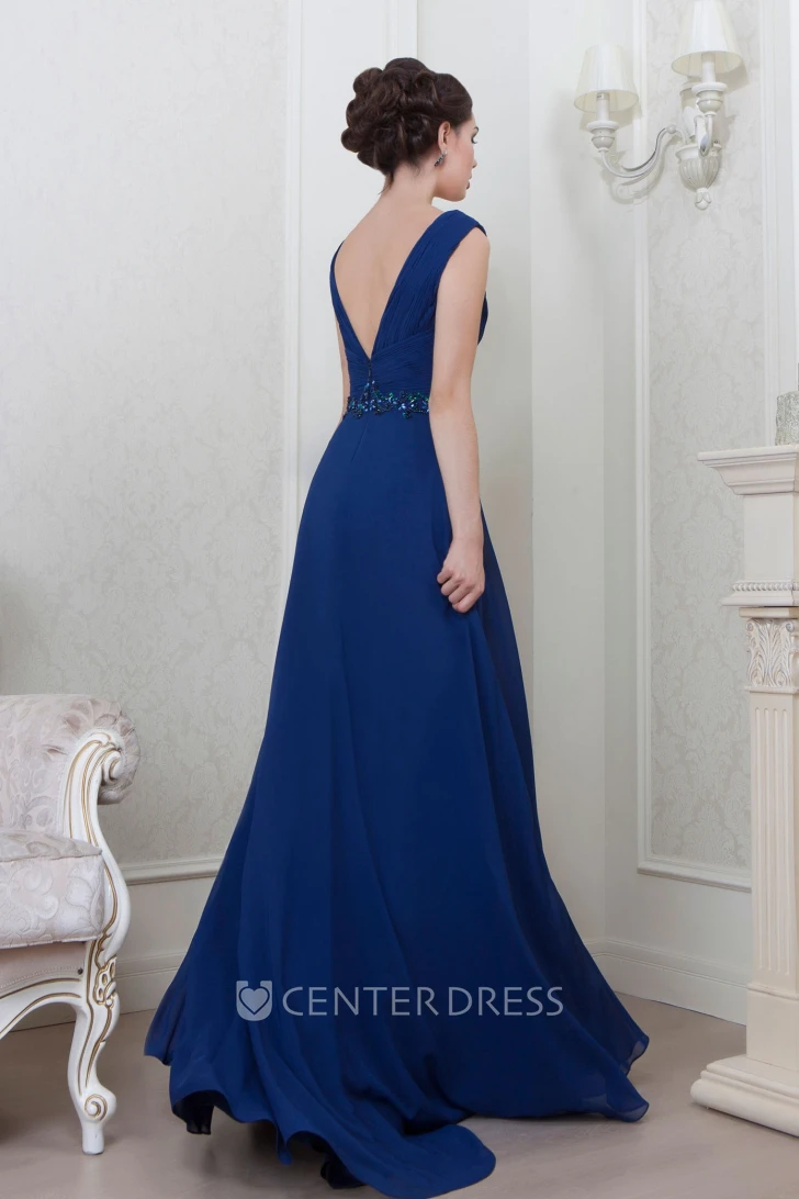 A-Line Sleeveless V-Neck Floor-Length Ruched Chiffon Evening Dress With Beading