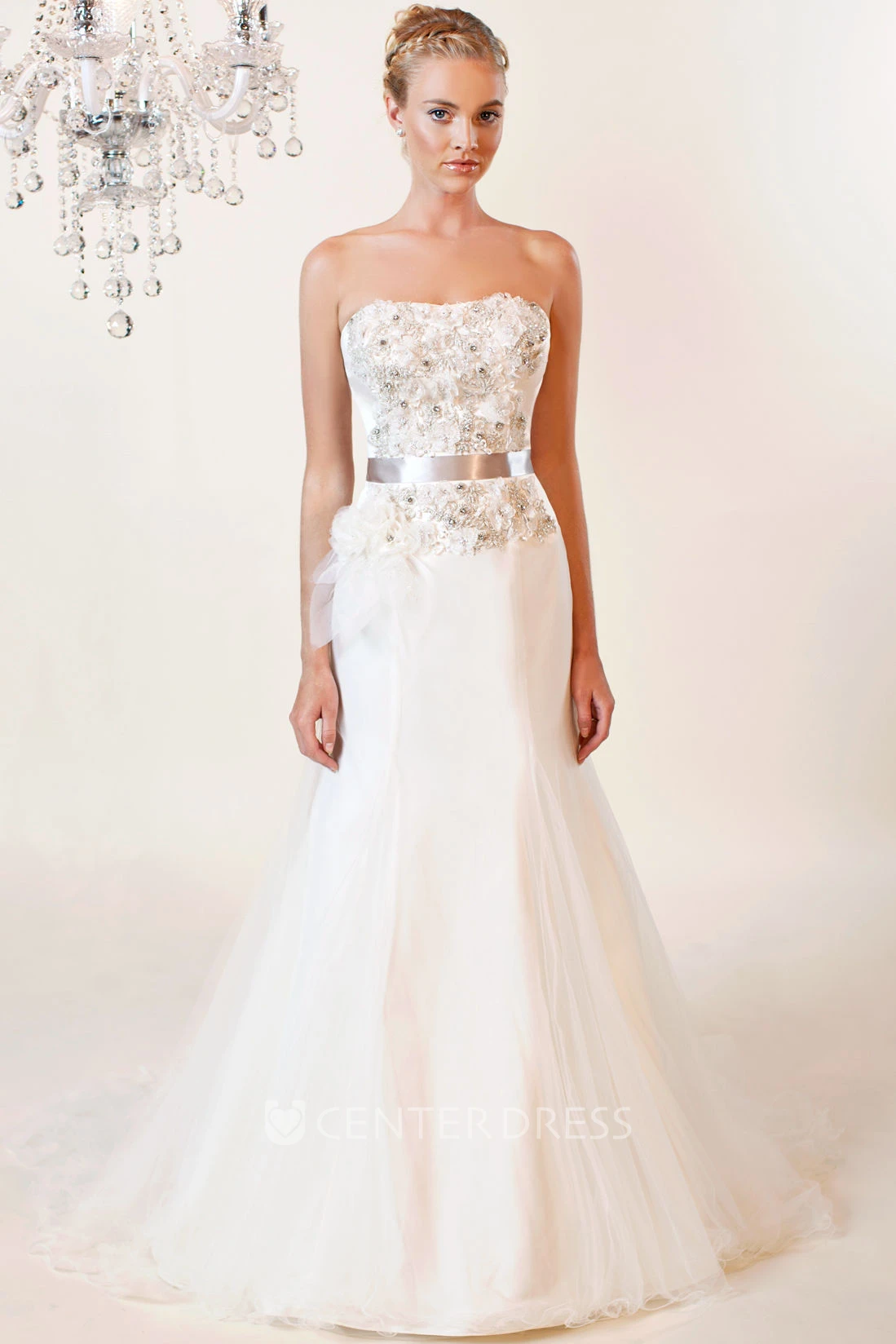 Mermaid Sleeveless Strapless Maxi Floral Tulle Wedding Dress With Bow And Beading