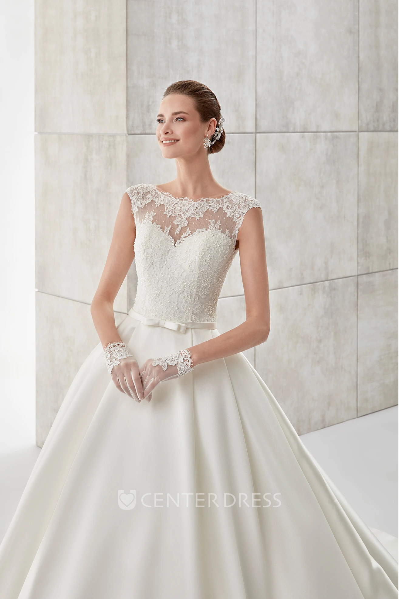 Scalloped-Neck Cap-Sleeve A-Line Satin Wedding Dress With Illusive Design And Brush Train
