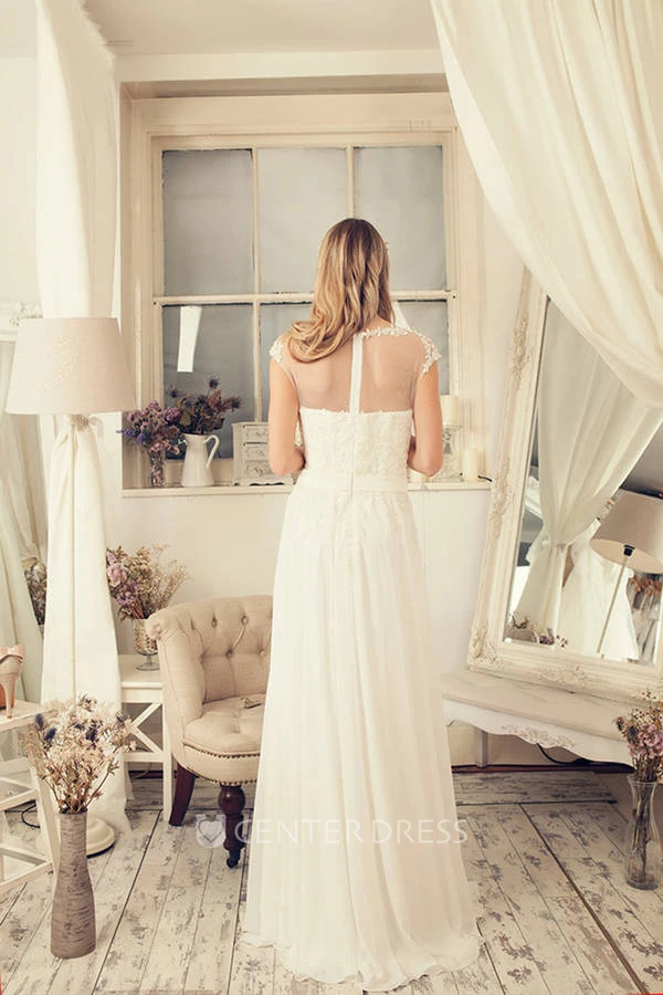 Sheath Scoop-Neck Cap-Sleeve Chiffon Wedding Dress With Illusion