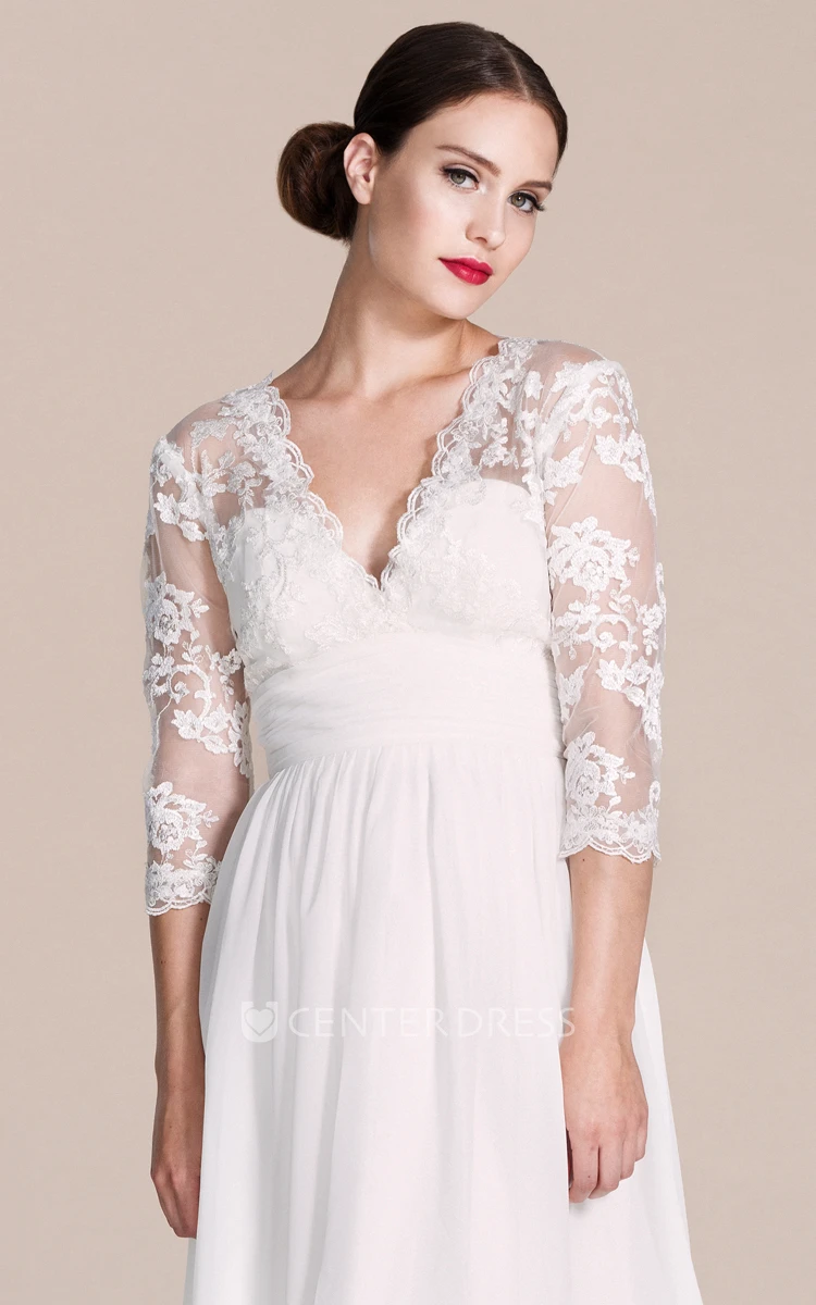 3/4 Sleeve V-neck A-line Lace Chiffon Short Knee-length Spring Wedding Dress