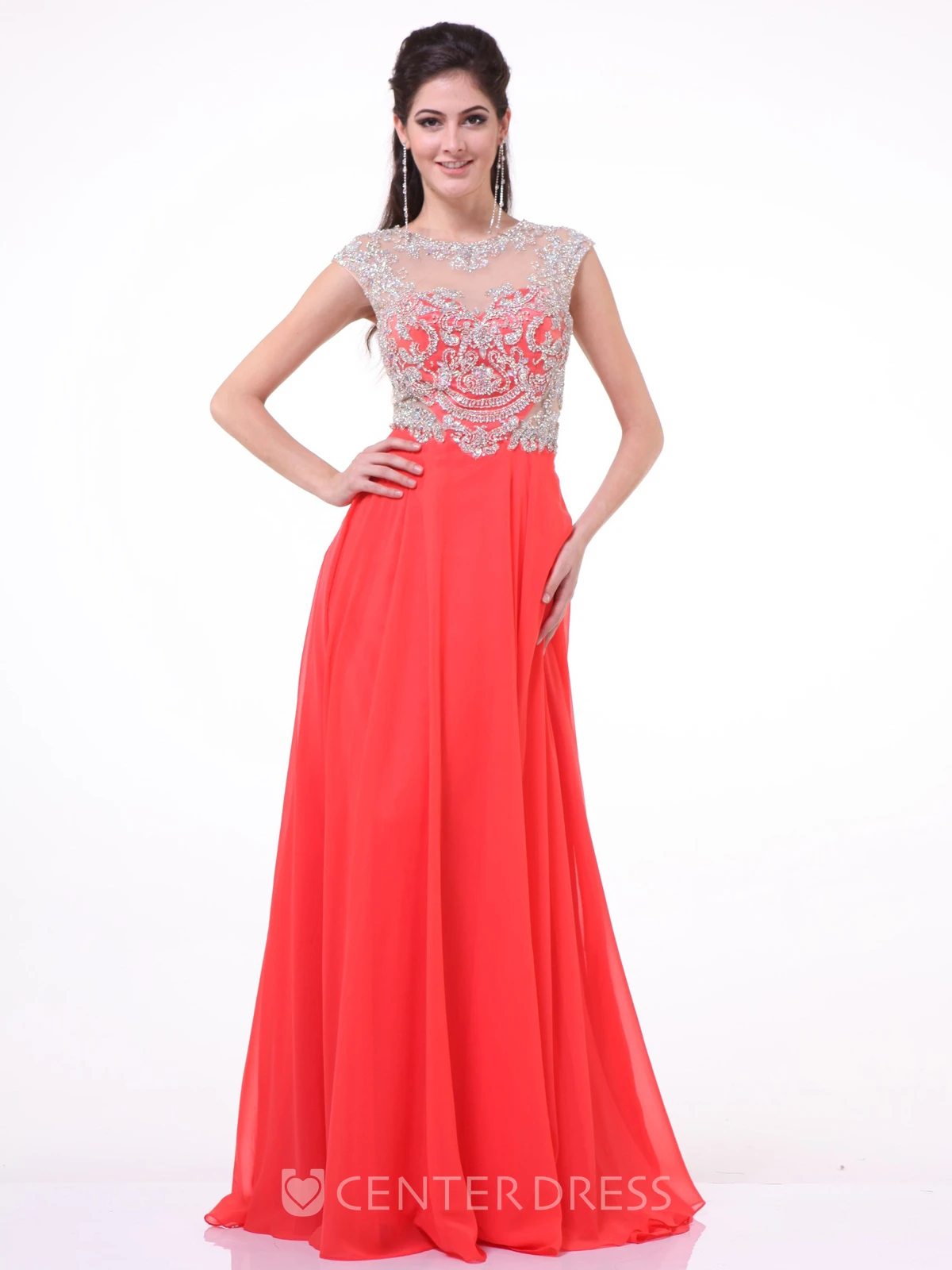 A-Line Long Jewel-Neck Cap-Sleeve Chiffon Illusion Dress With Beading