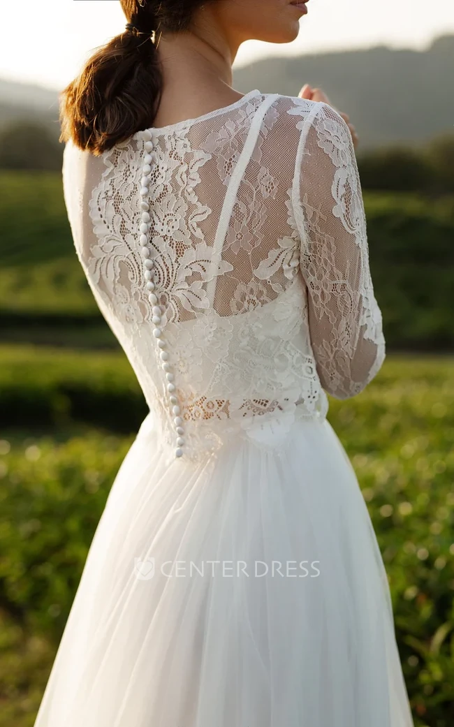 Bateau Neck Two-piece A-Line Tulle Lace Elegant Long Sleeve Wedding Bride Dress with Sweep Train Button Back