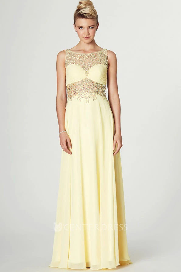 Maxi Sleeveless Beaded Scoop Neck Chiffon Prom Dress